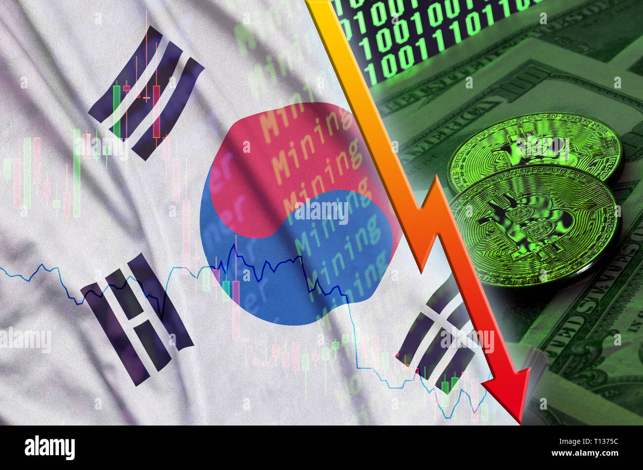 South Korea Flag And Cryptocurrency Falling Trend With Two Bitcoins - 